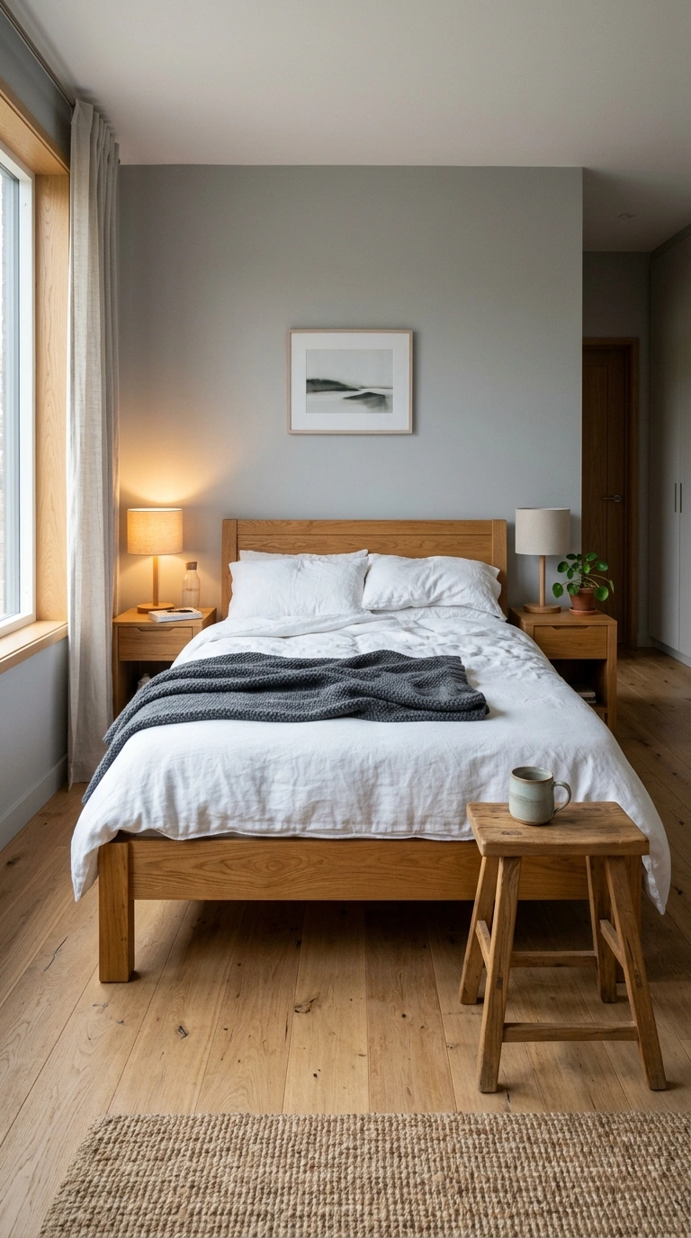 019 A livable bedroom with fog gray walls a honey oak