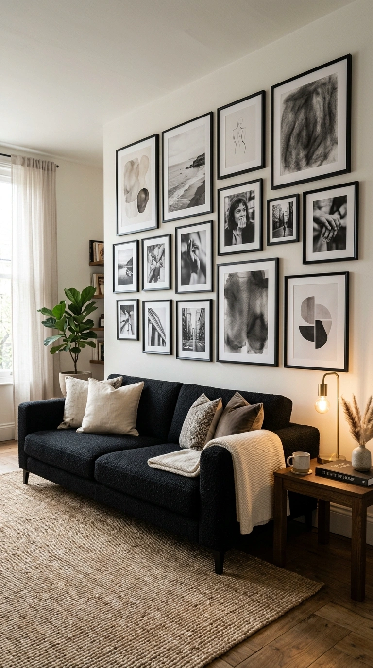 019 A living room with a black framed gallery wall of