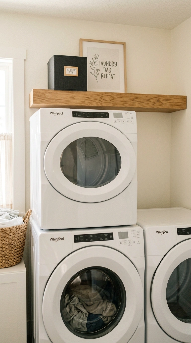 019 A single floating shelf above a stacked washer and