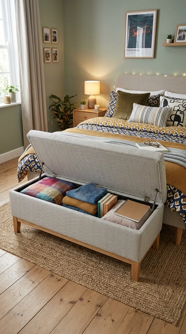 019 A storage bench with a lifted seat at the foot of