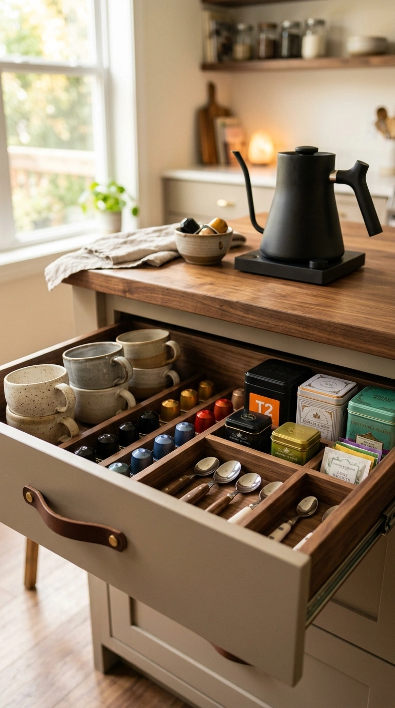 019 A wide island coffee and tea station drawer open t