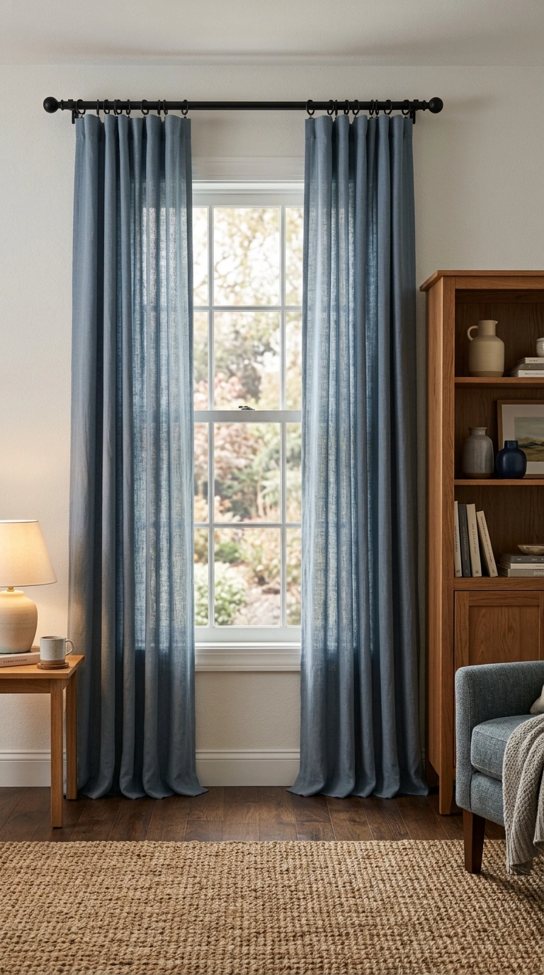 019 A window dressed with steel blue linen curtains hu