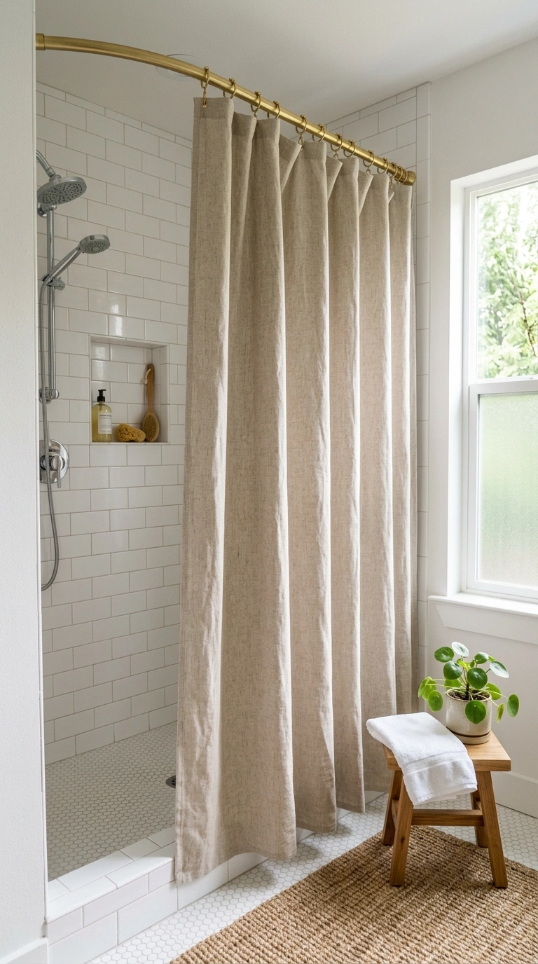 019 Fabric Shower Curtain A bathroom shower area with