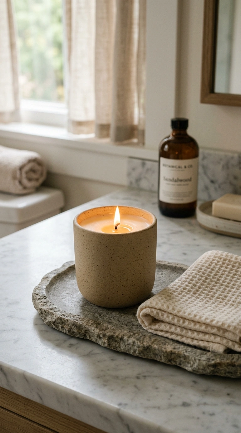 020 A bathroom counter holding a lit soy candle in a m