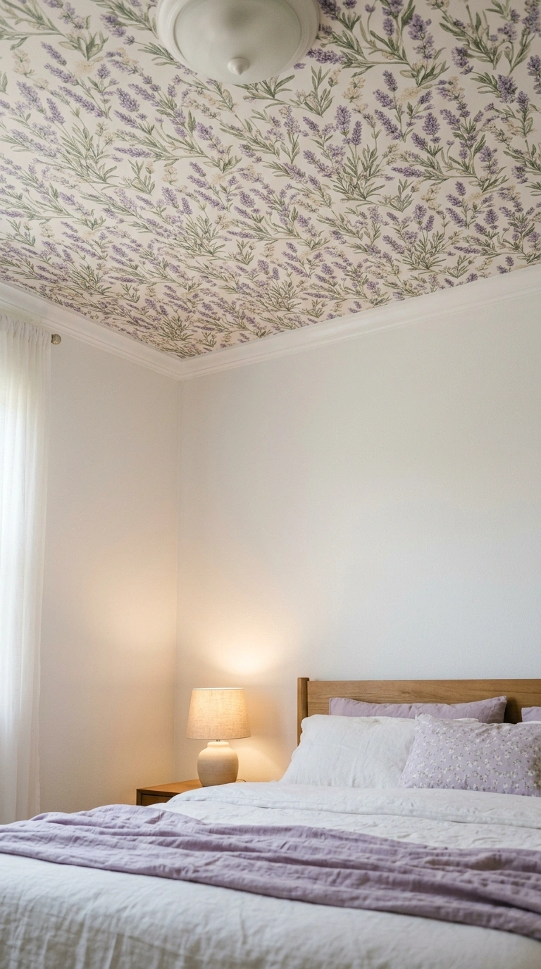 020 A bedroom ceiling wallpapered in a lavender floral