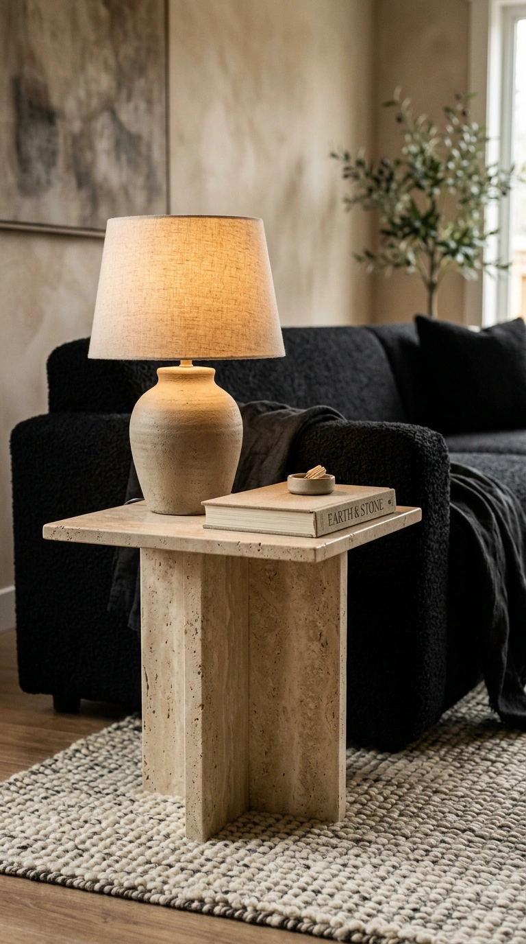 020 A living room with a travertine plinth side table