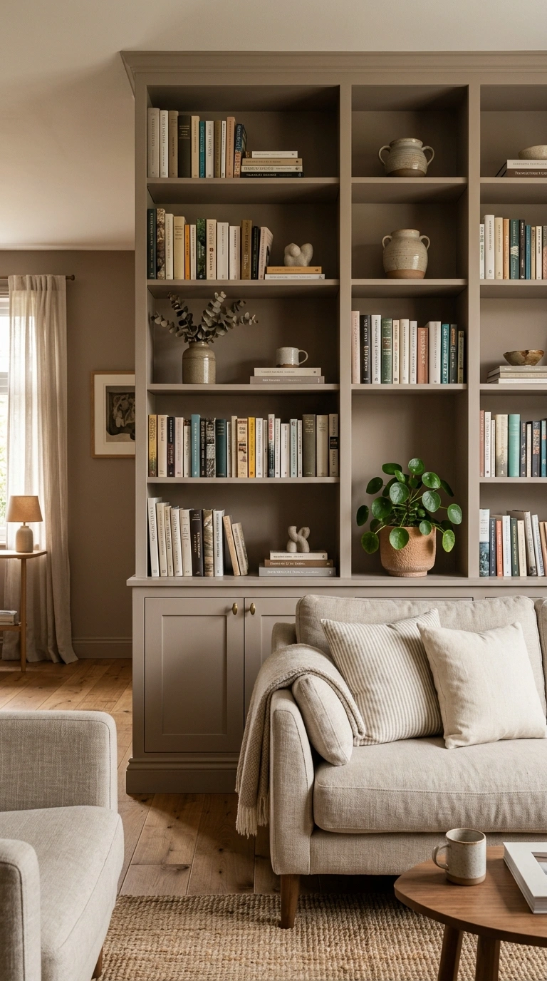 020 A taupe living room with built in bookshelves pain