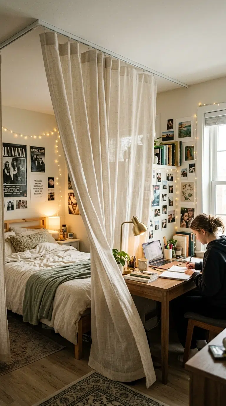 020 A teen bedroom with a ceiling mounted curtain divi