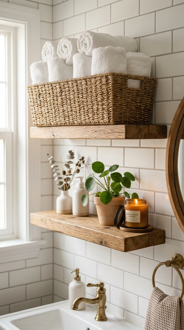 020 Open Shelving Baskets A bathroom wall with two ope