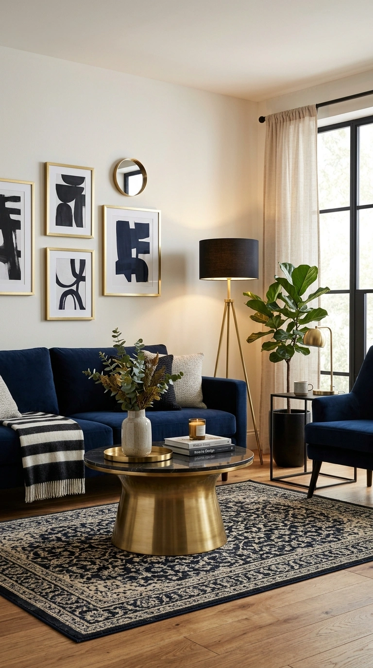 021 A blue and black living room warmed with brushed b