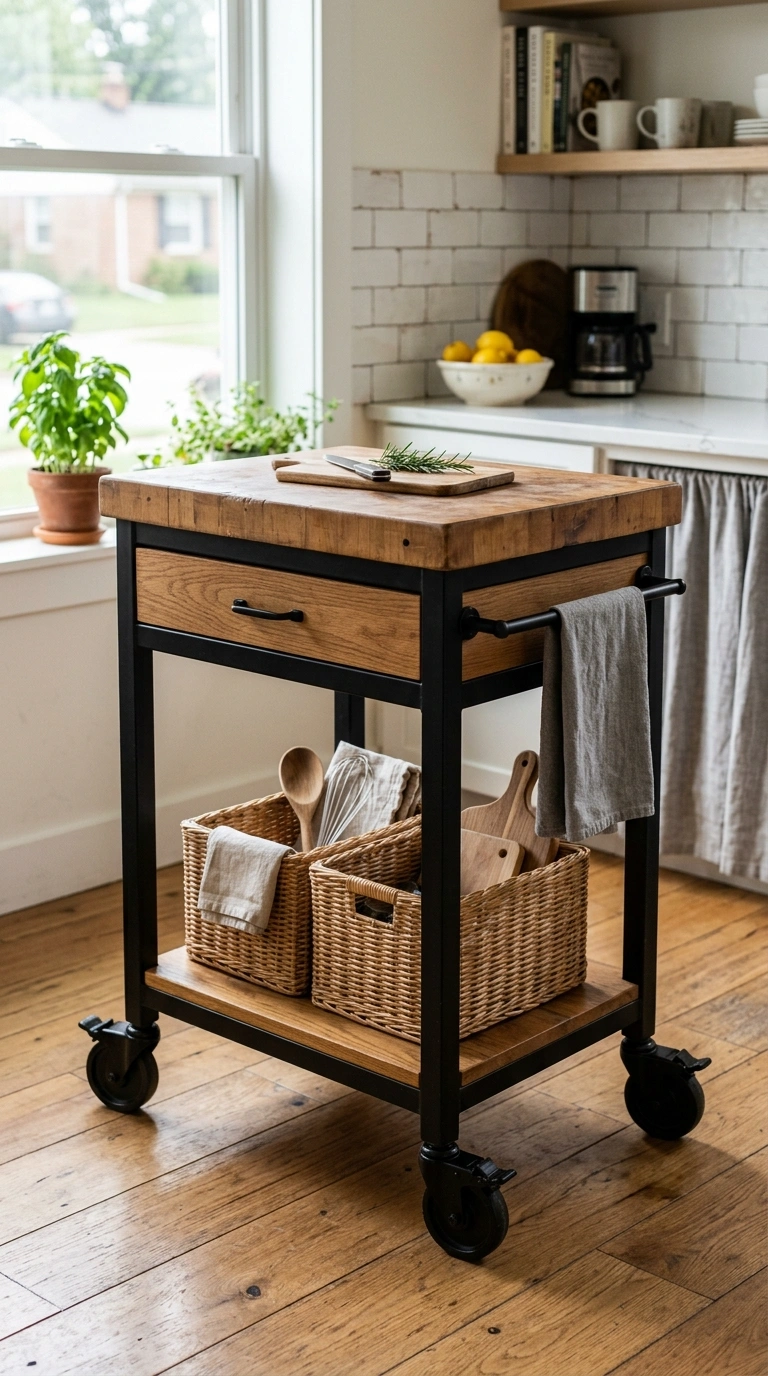 021 A compact rolling island cart with a black metal f