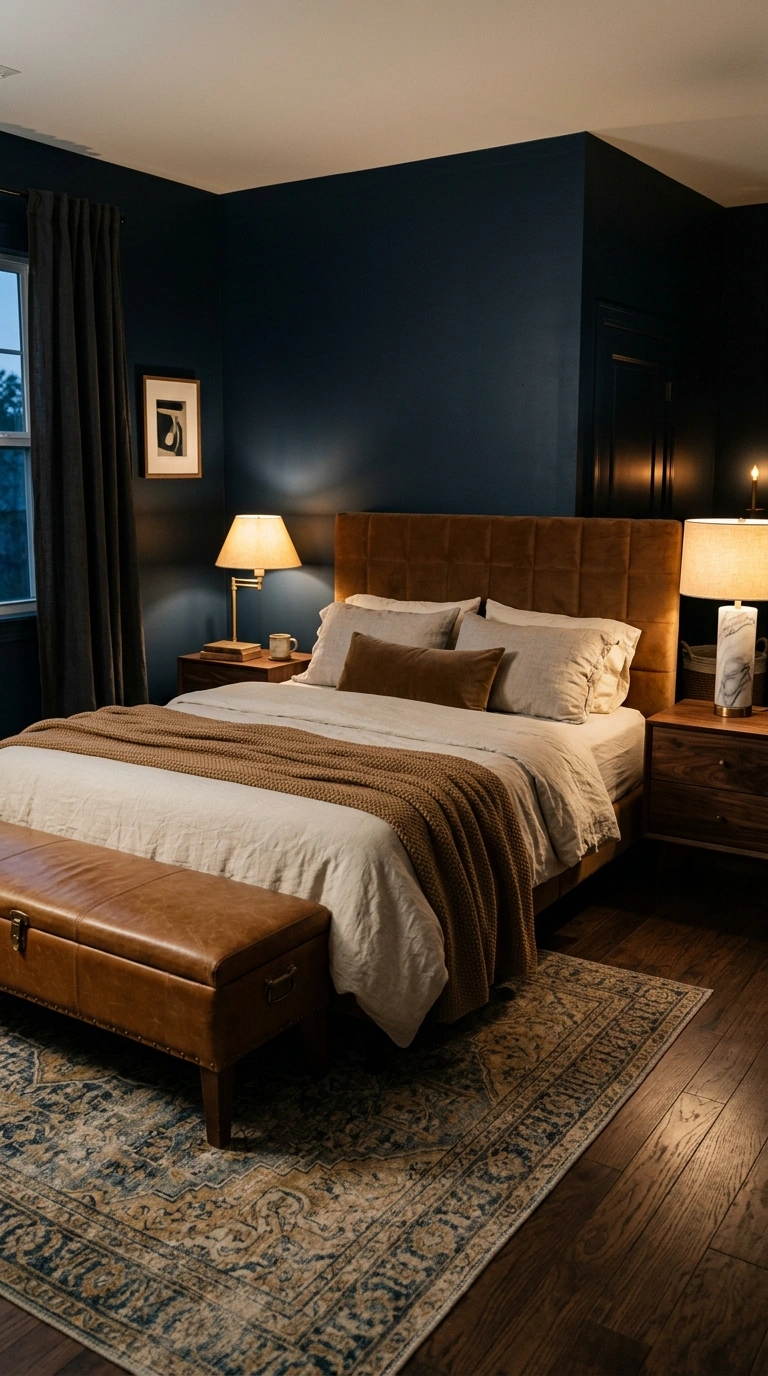 021 A dimly glowing bedroom with ink blue walls a cara