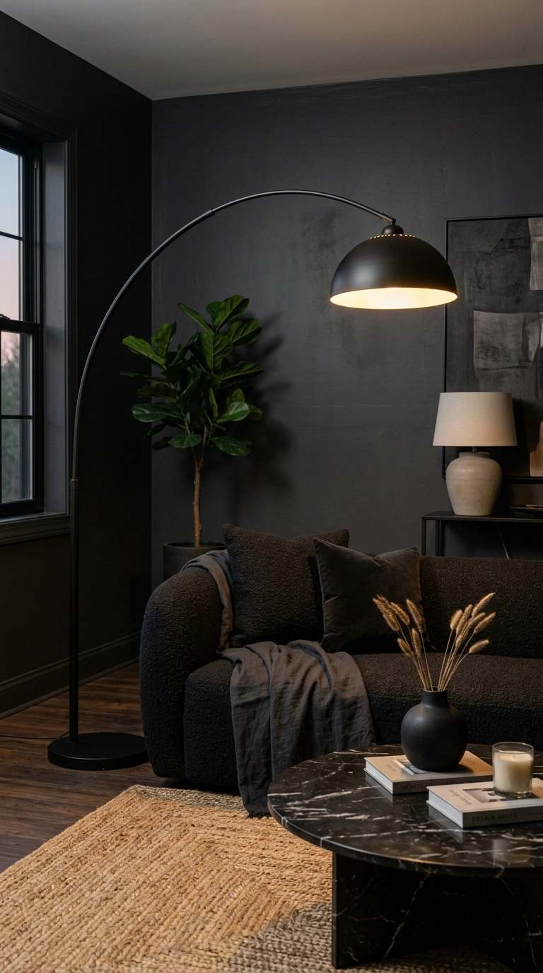 021 A living room with a sculptural black arc floor la