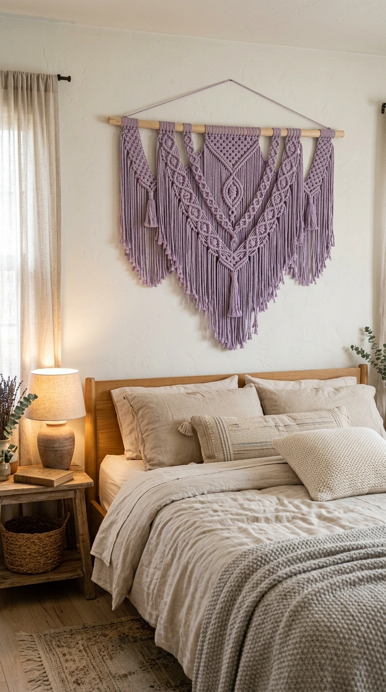 021 A macrame wall hanging made of lavender dyed cotto