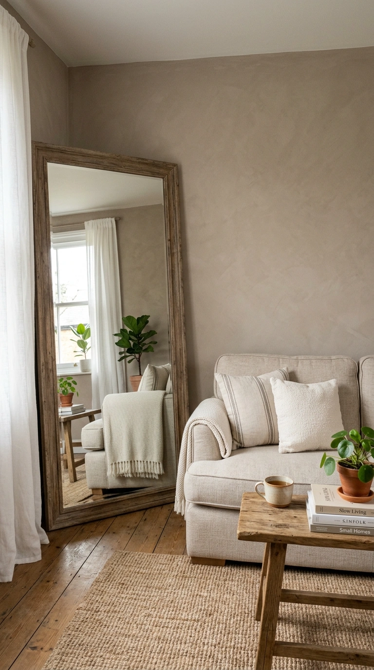 021 A small taupe living room with an oversized mirror