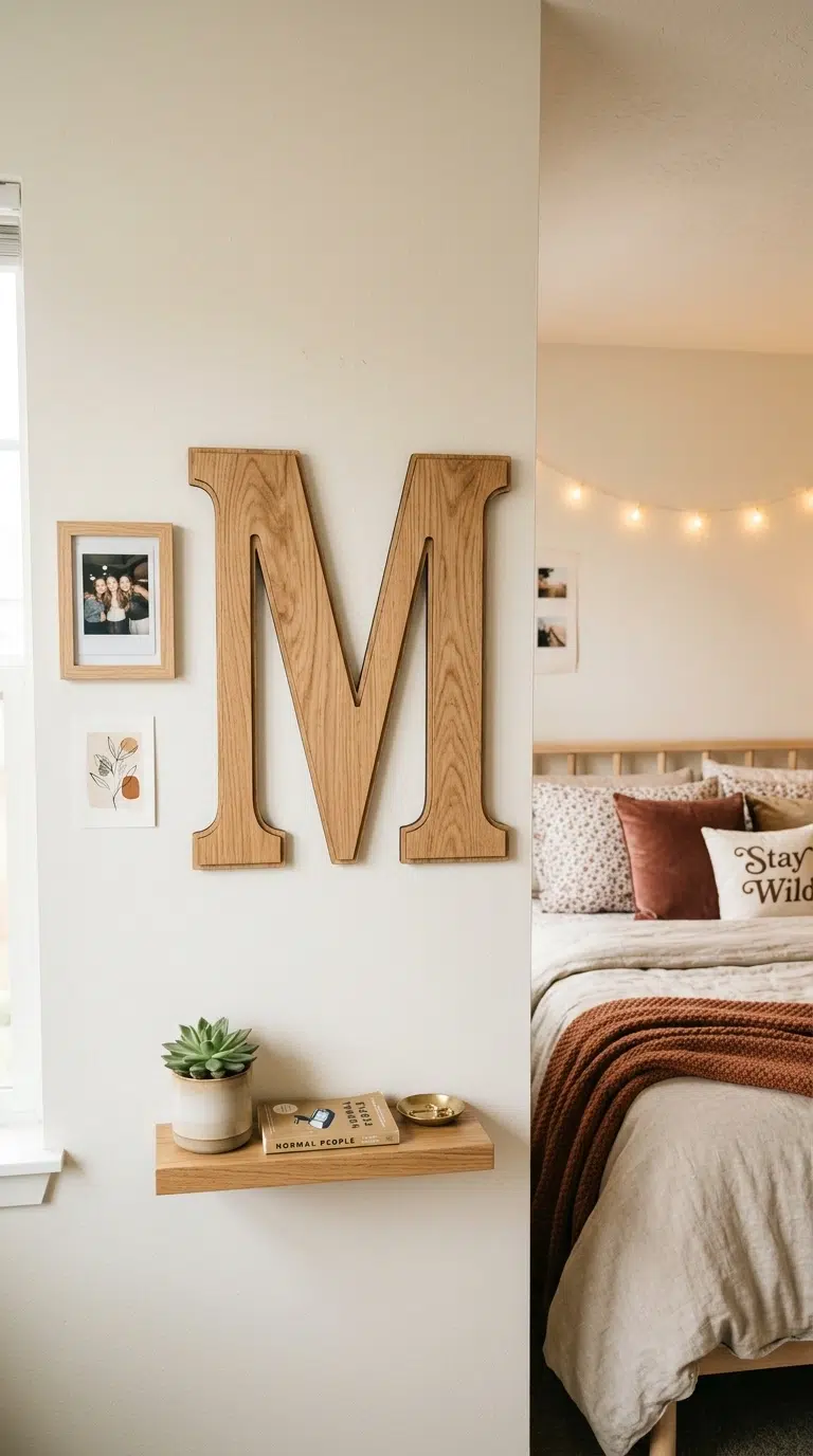 021 A teen bedroom wall featuring a large wood cut ini
