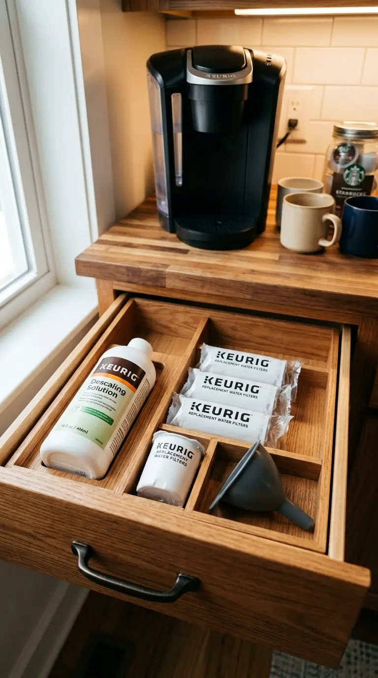 021 An open drawer insert near a Keurig station holdin