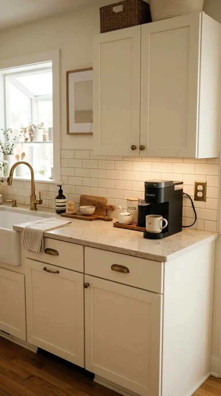022 A Keurig machine positioned at the far end of a ki