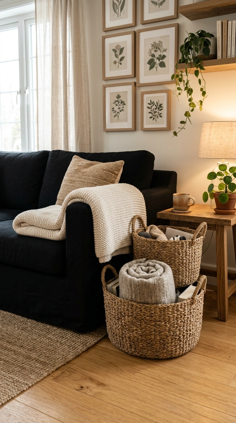 022 A living room with woven seagrass storage baskets