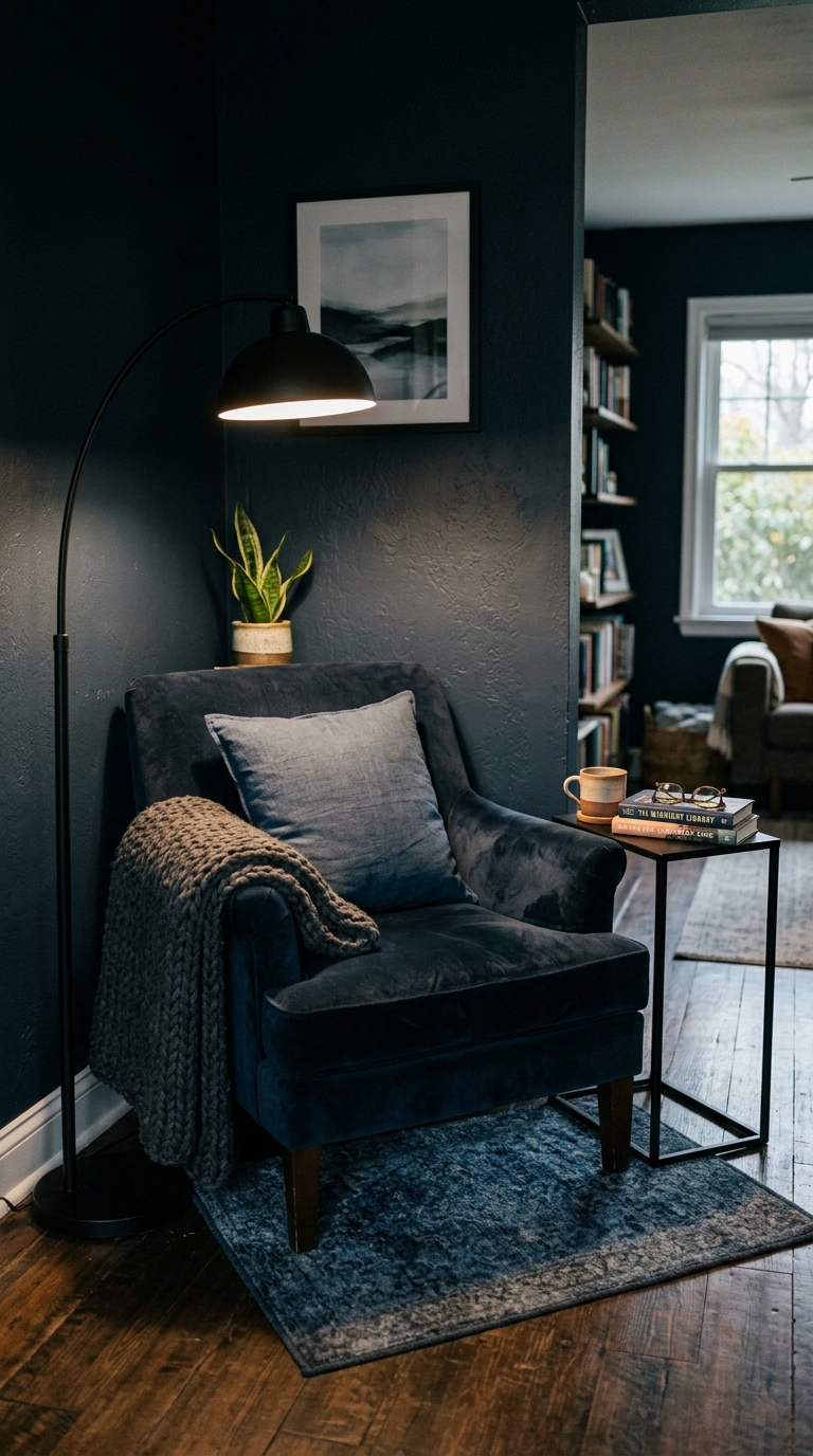 022 A moody reading corner with a deep navy armchair a