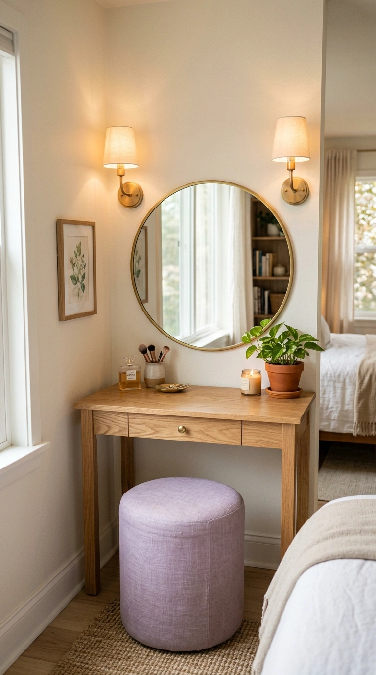 022 A small bedroom vanity nook with a lavender uphols