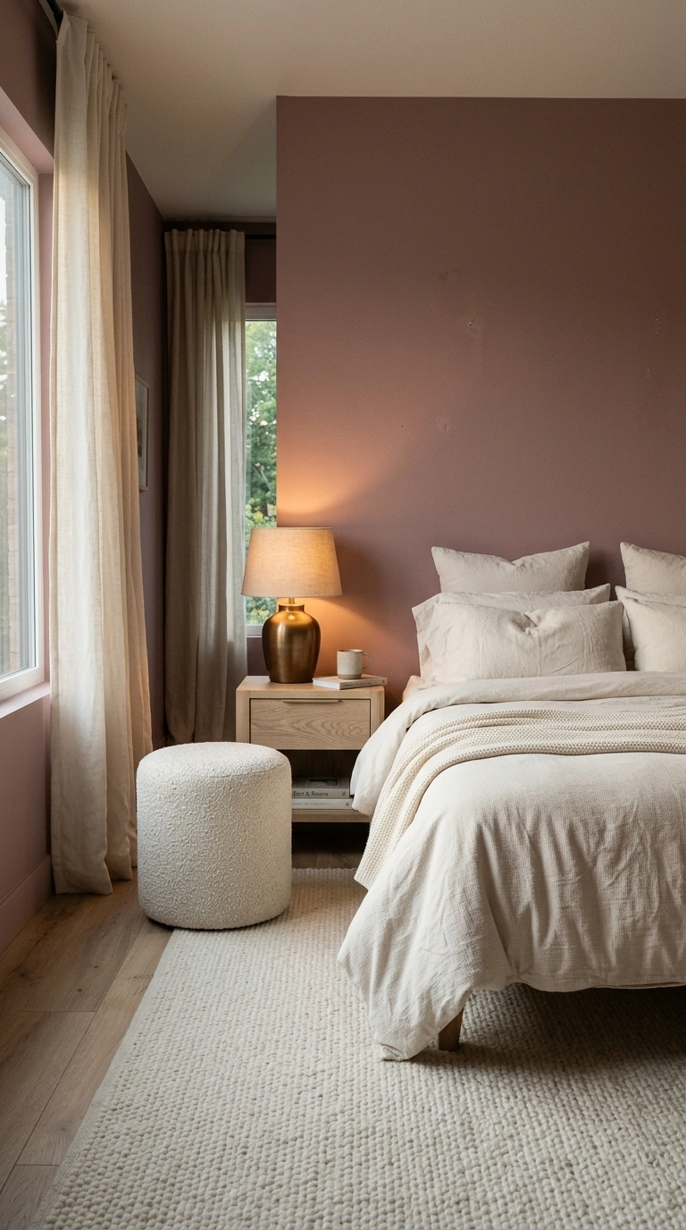 022 A soft bedroom with mauve walls cream bedding crea