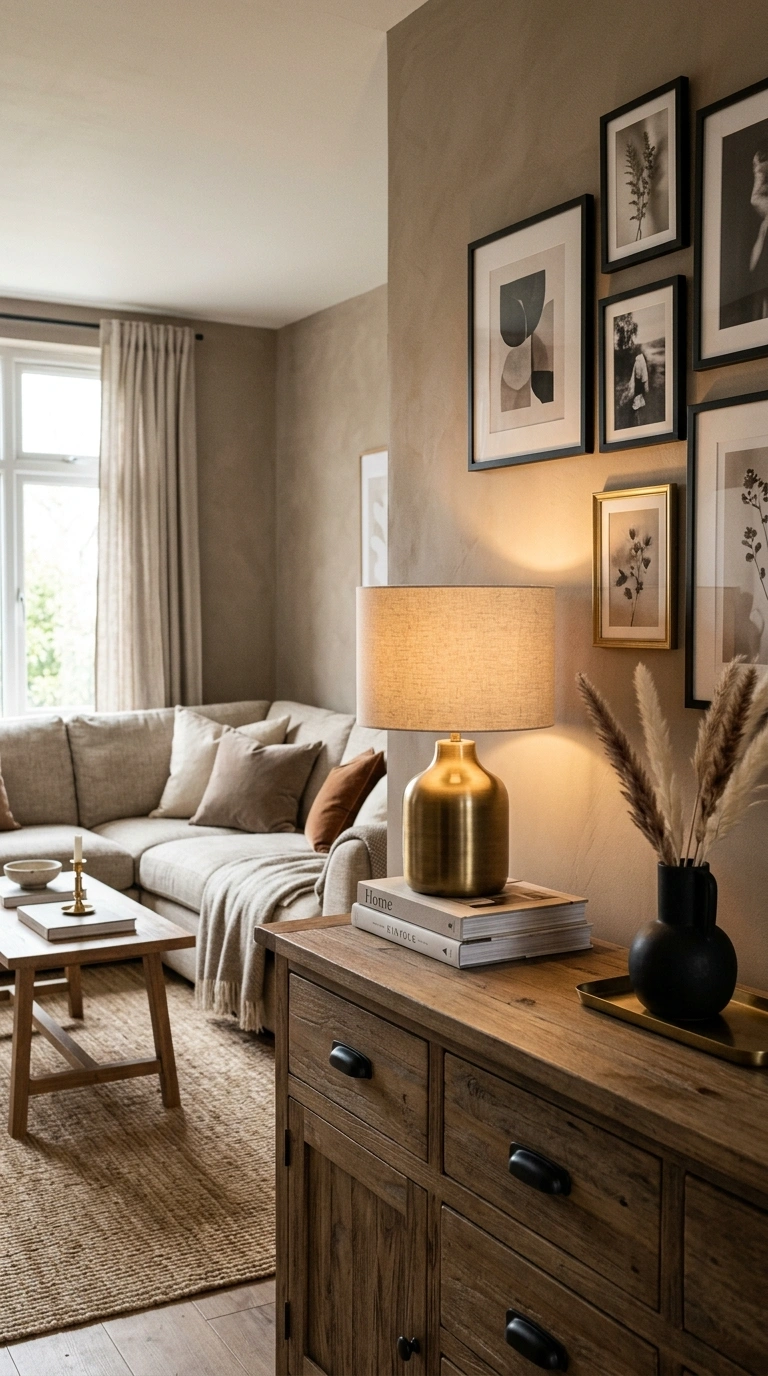 022 A taupe living room styled with mixed brass and ma