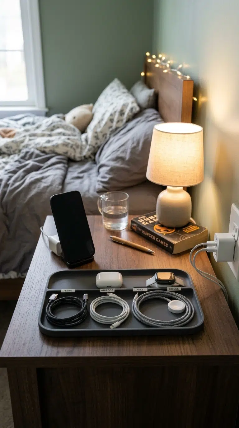 022 A teen bedroom nightstand with a small labeled cor