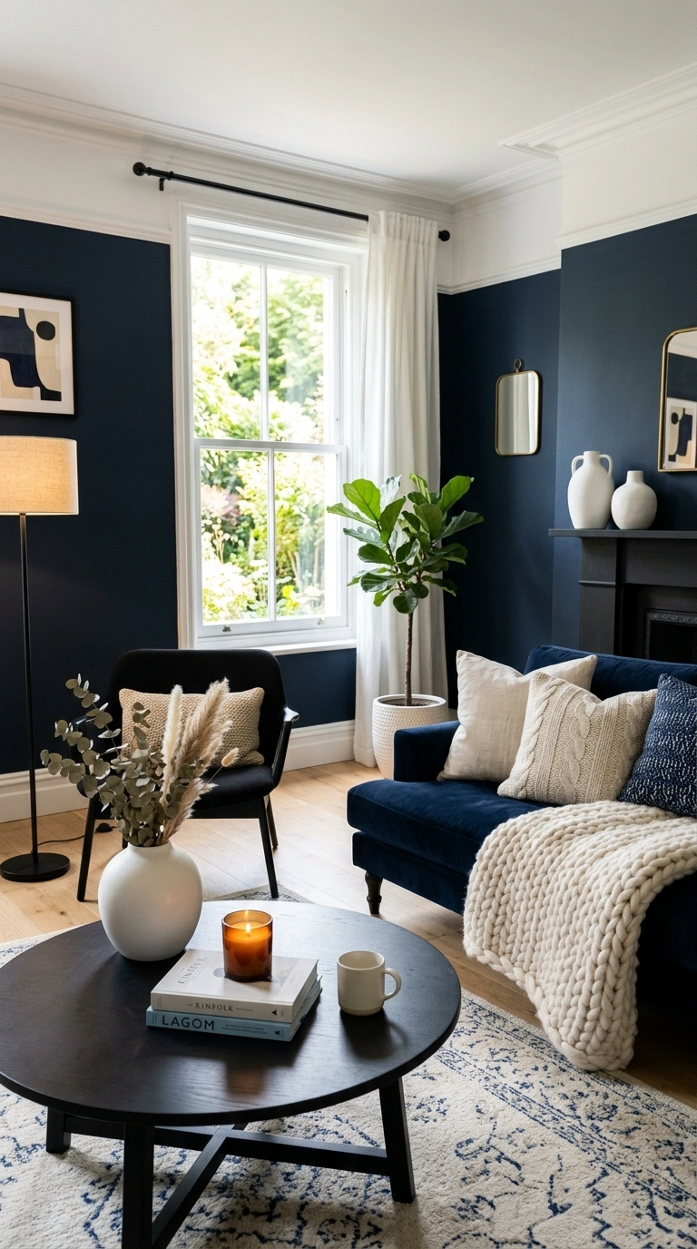 023 A balanced blue and black living room brightened w