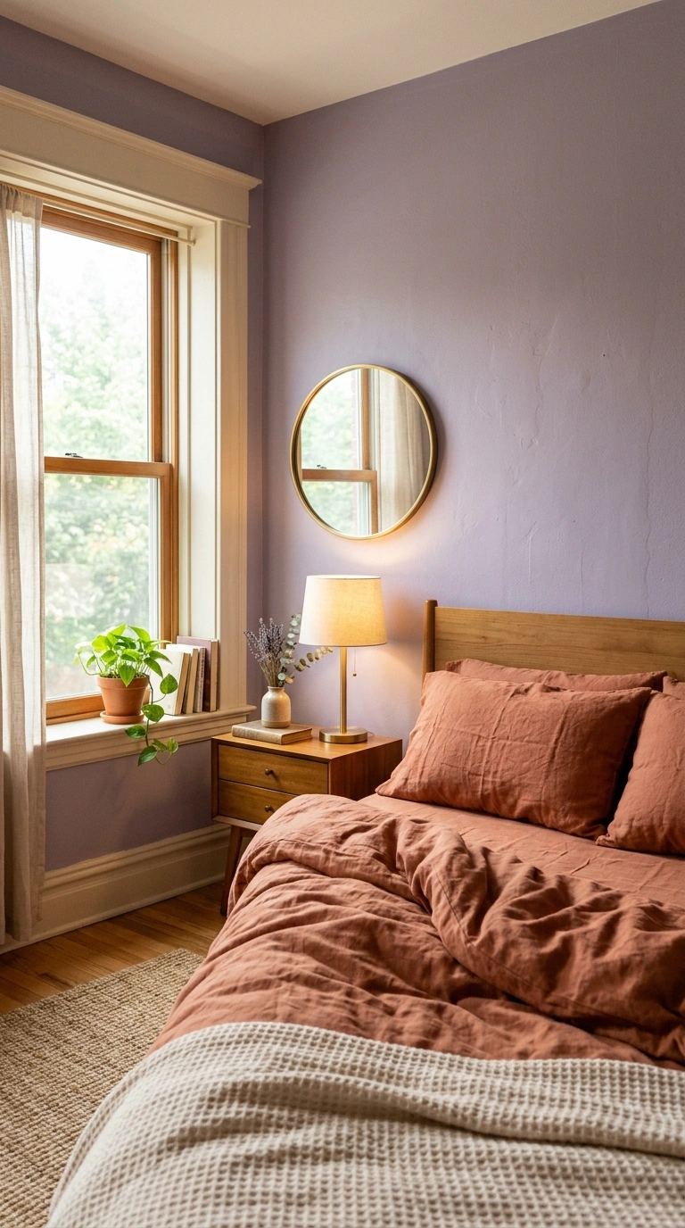 023 A bedroom pairing soft dusty lavender walls with w