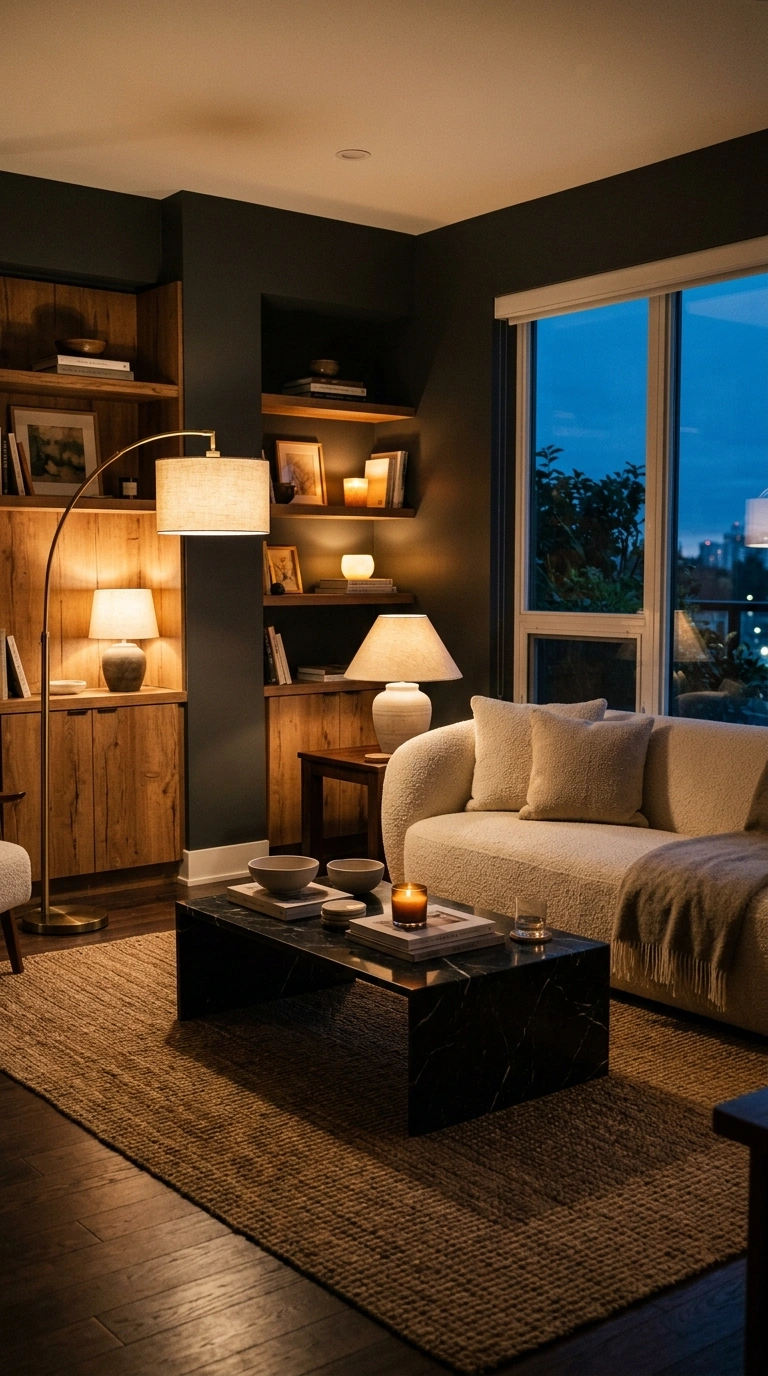 023 A moody living room at dusk with warm layered ligh