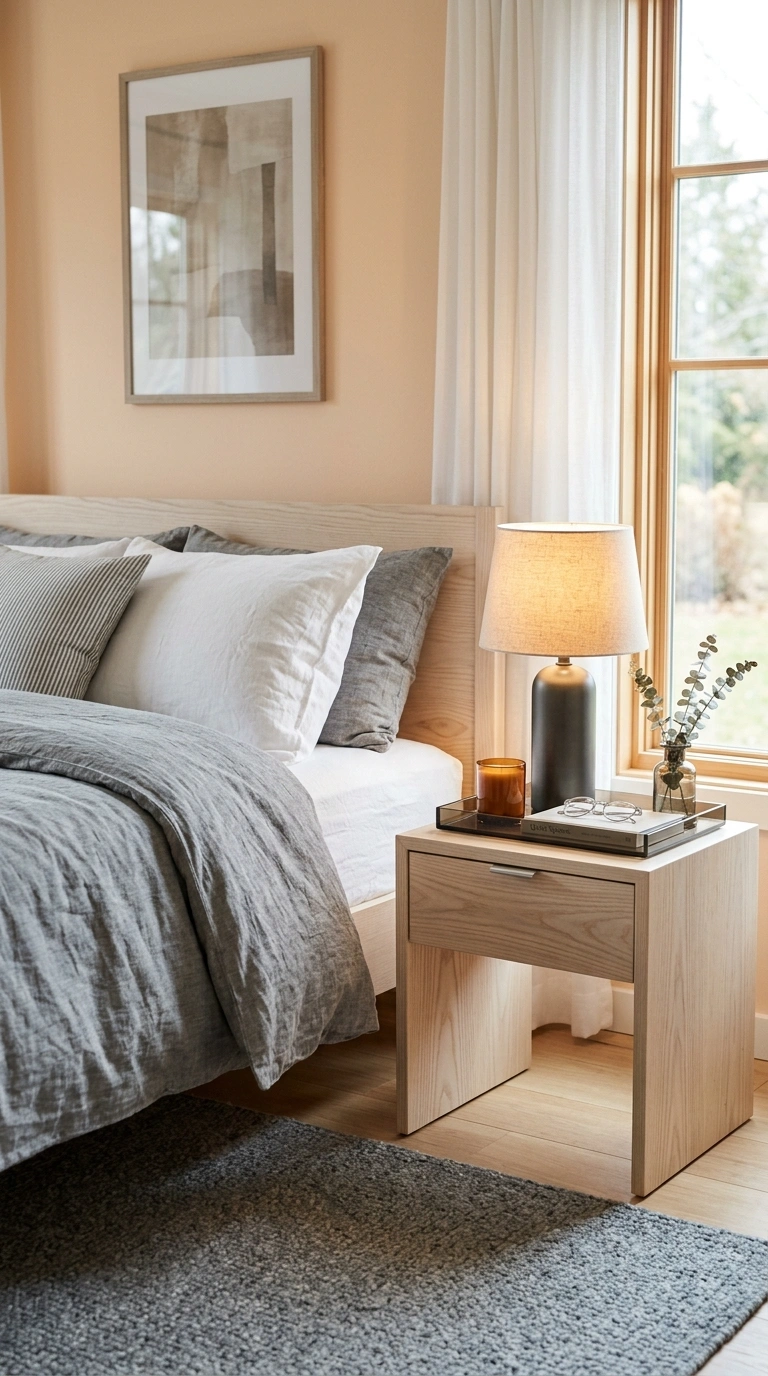 023 A quietly modern bedroom with soft peach walls glo