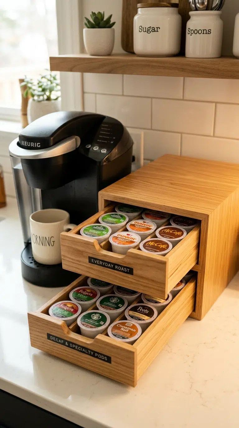 023 A two tier wood pod drawer organizer beside a Keur