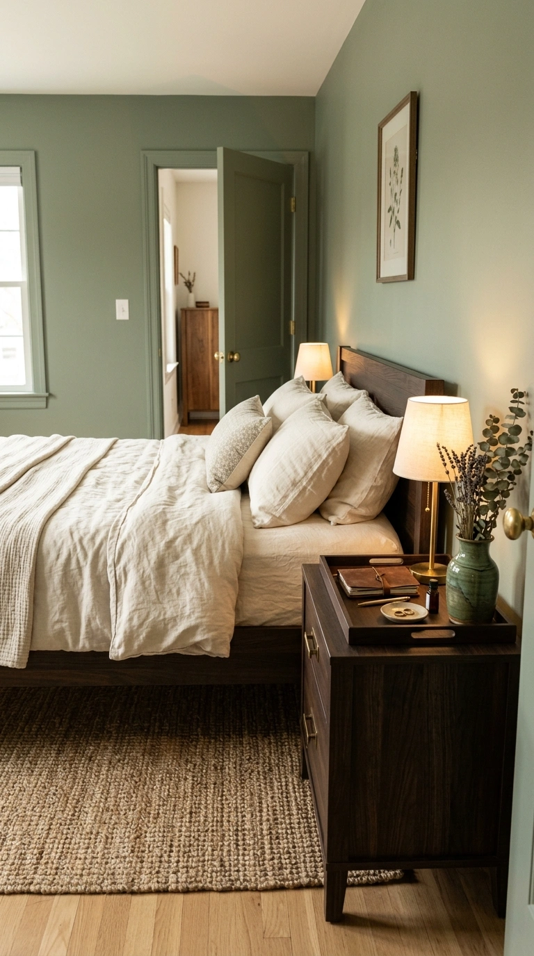 024 A restful bedroom with sage green walls an espress