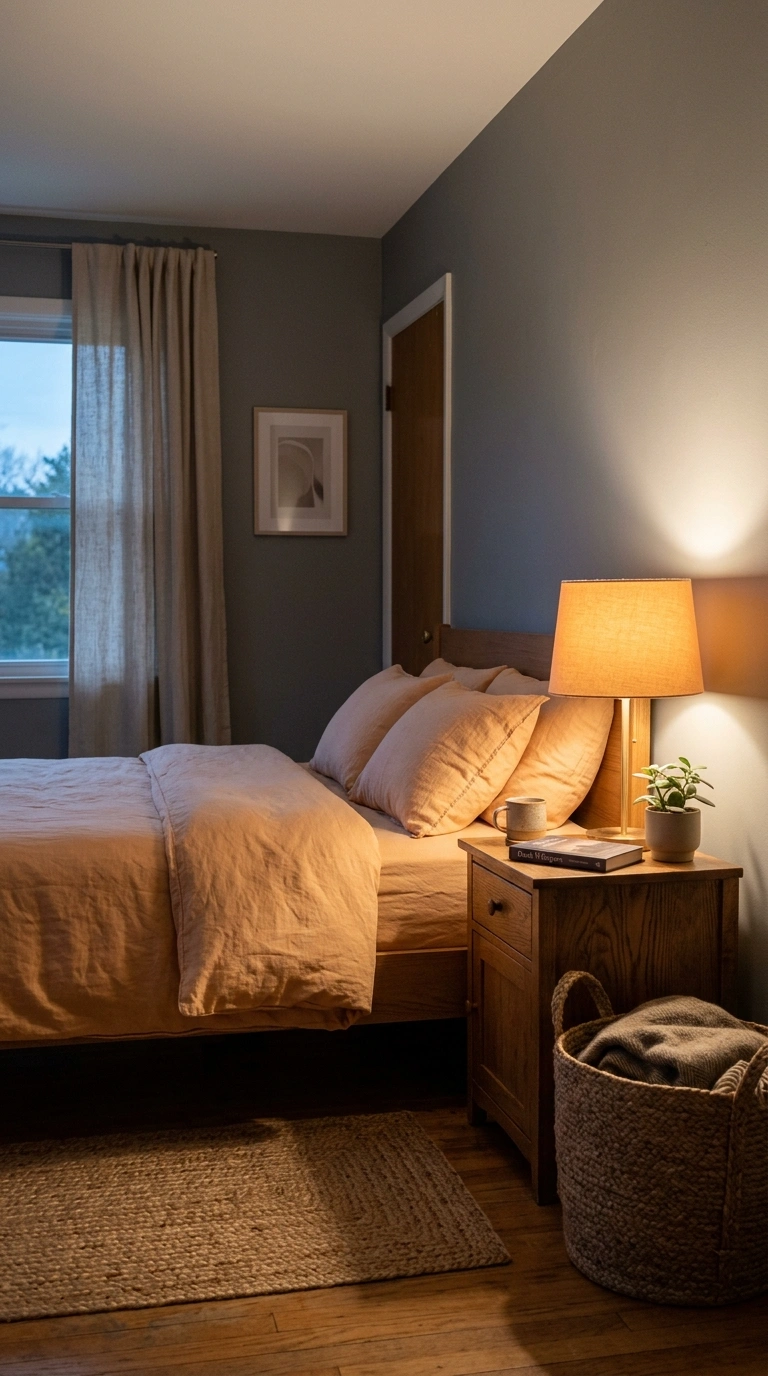 026 A friendly bedroom with stone gray walls apricot b