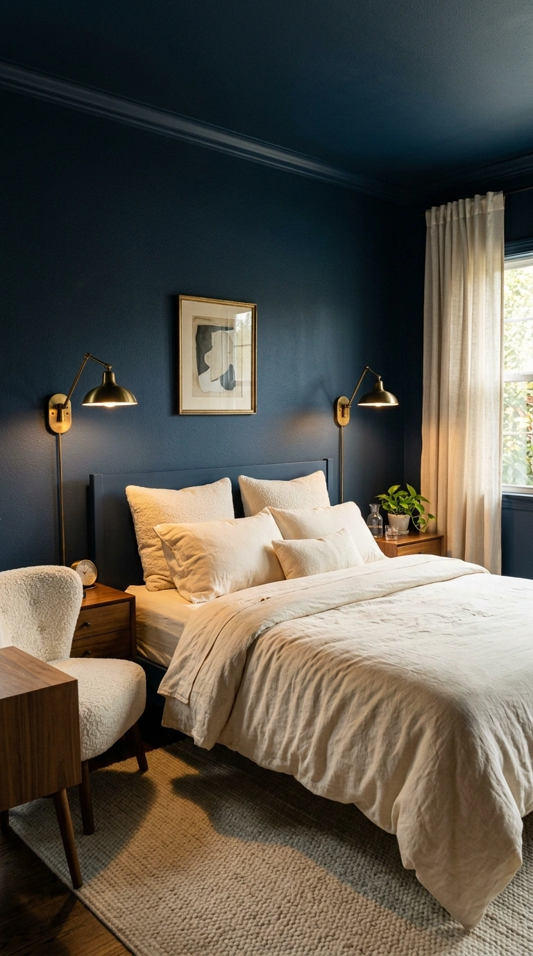 027 A color drenched bedroom with midnight blue walls