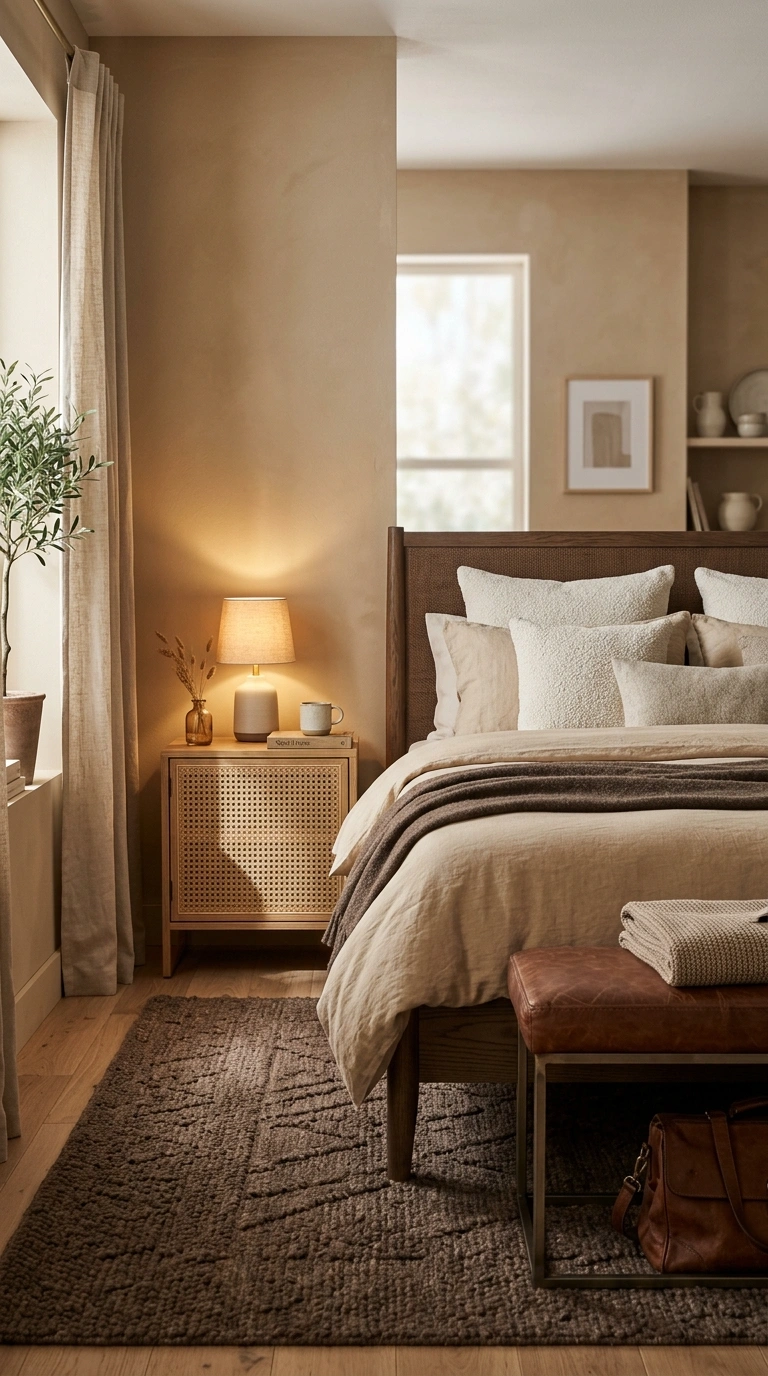 028 A tonal bedroom with wheat colored walls and wheat