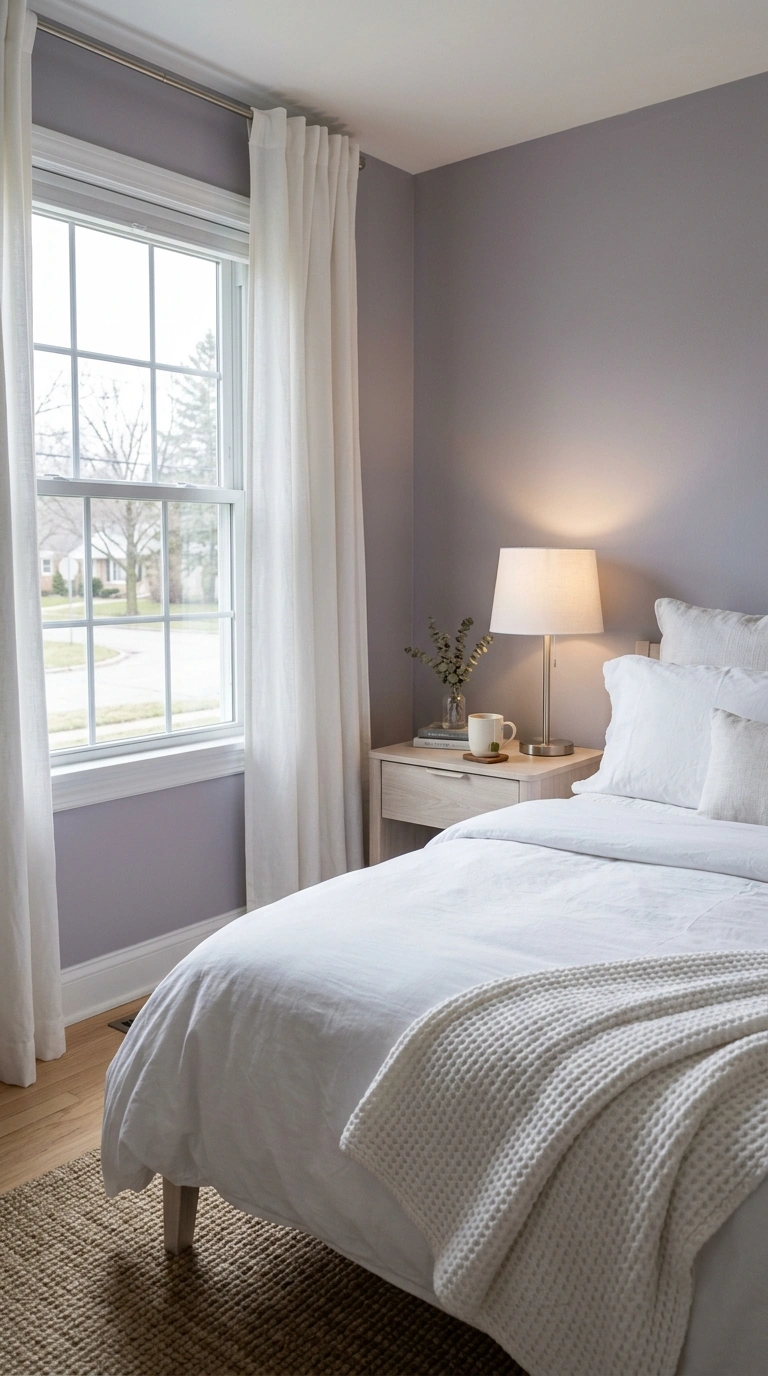 029 A soft north facing bedroom with lilac gray walls