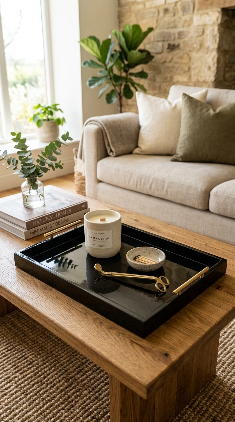 001 Black Lacquer Tray A wooden coffee table with a gl
