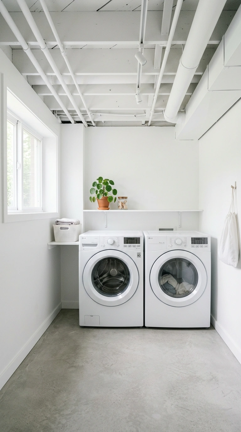 001 Bright White Walls A basement laundry room with fr
