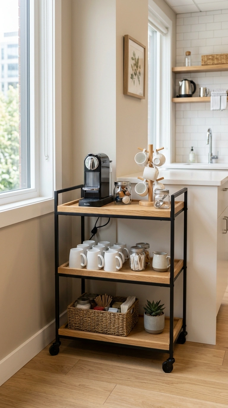 001 Corner Cart Setup A three tier wooden bar cart wit