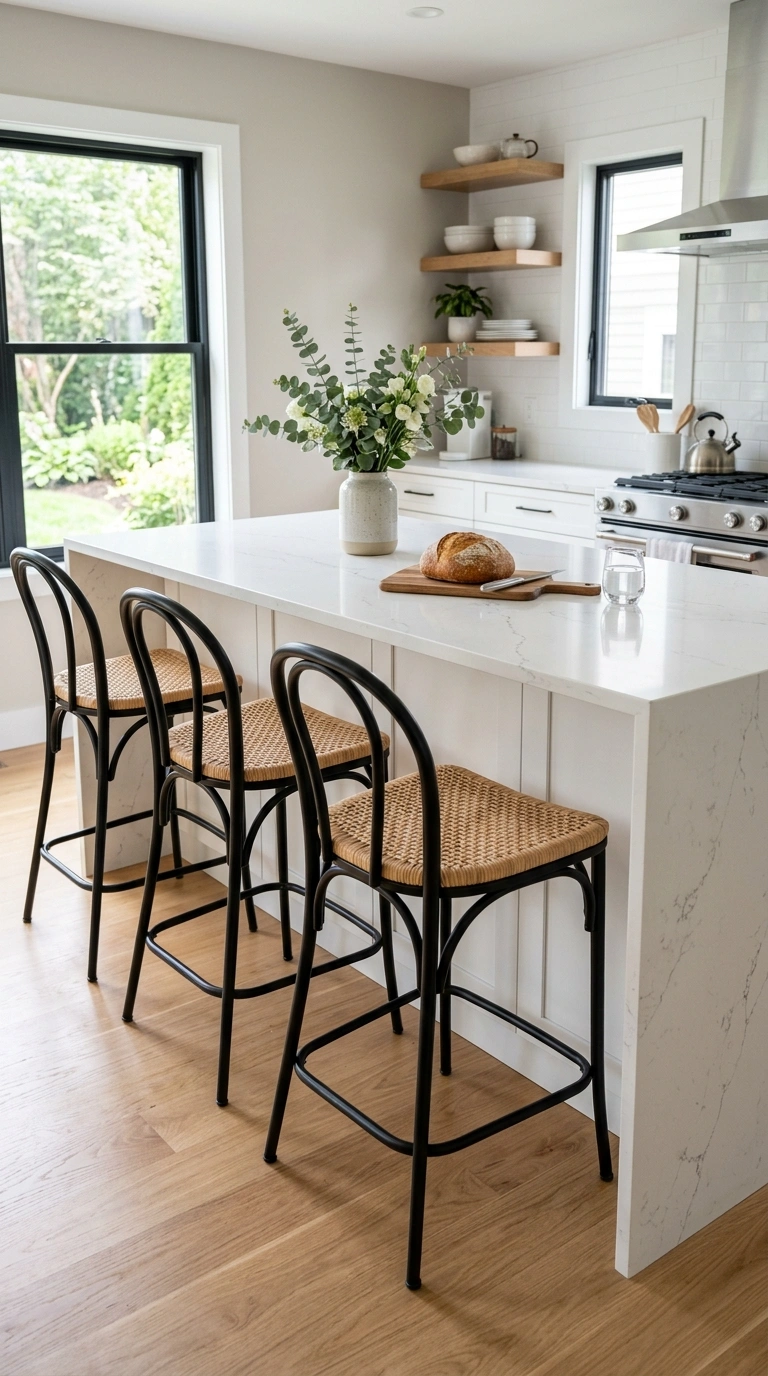 001 Curved Bar Stools A white kitchen island with blac