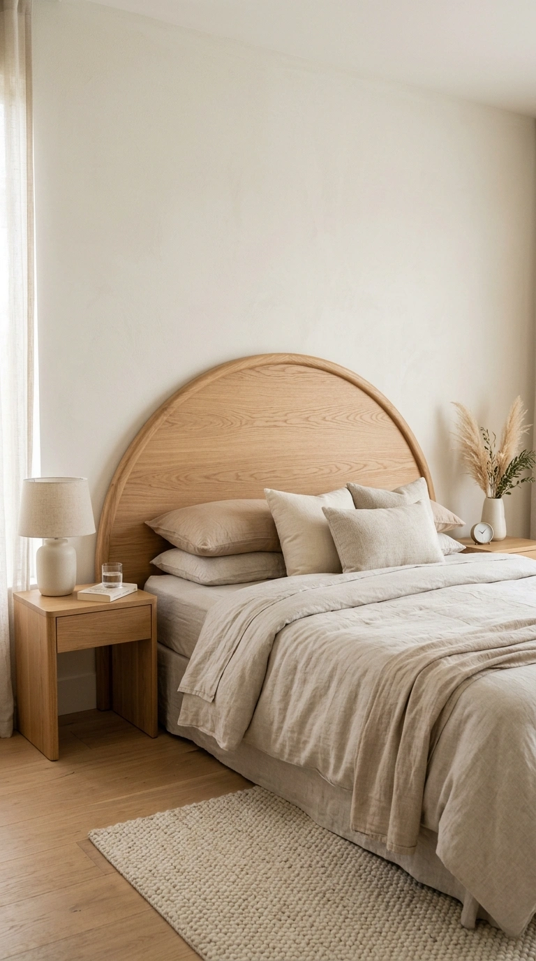 001 Curved Wood Headboards A bedroom with a large curv