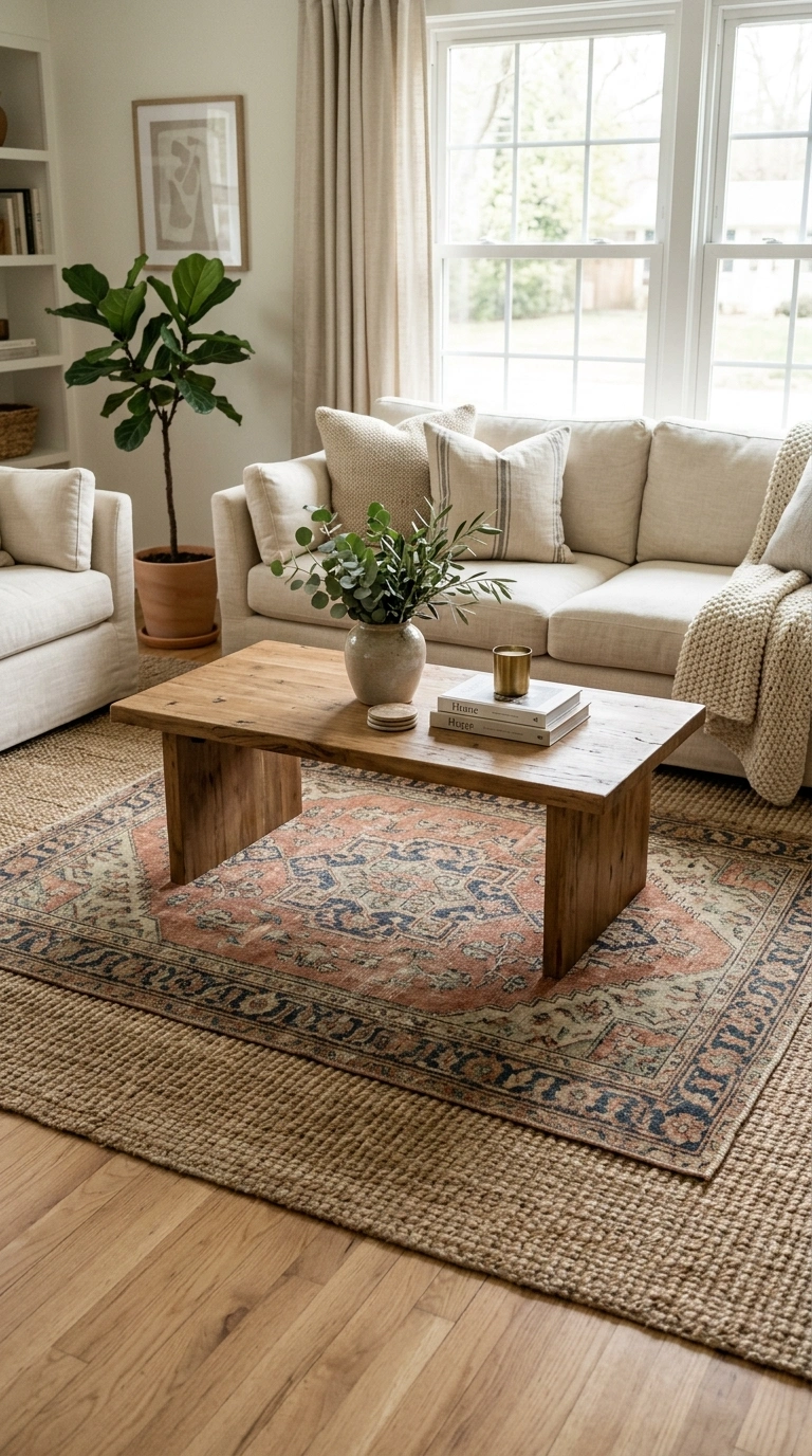 001 Layered Area Rugs A living room floor with a large
