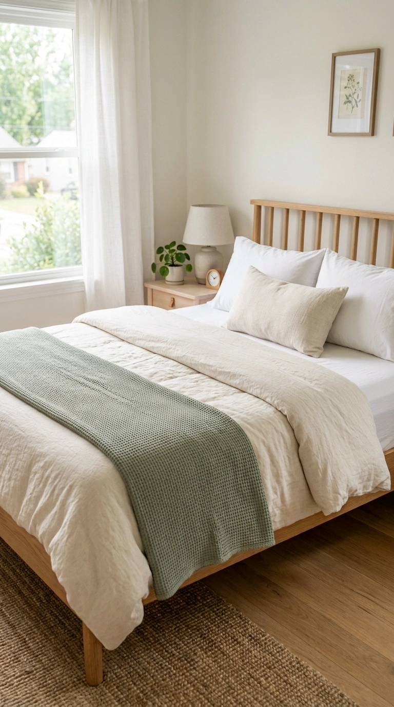 001 Layered Bedding A neatly made bed with a fitted wh