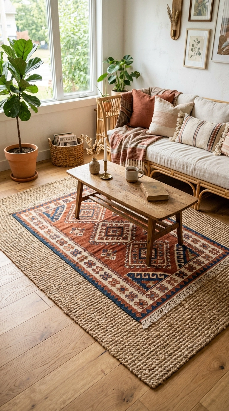 001 Layered Jute Rugs A living room floor with a large