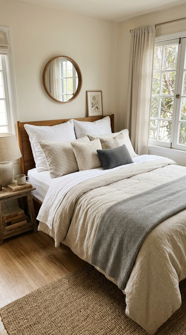 001 Layered Neutral Bedding A small bedroom with a bed