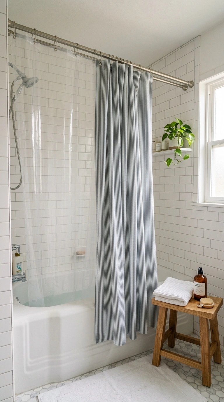001 Layered Shower Curtains A bright bathroom with a w