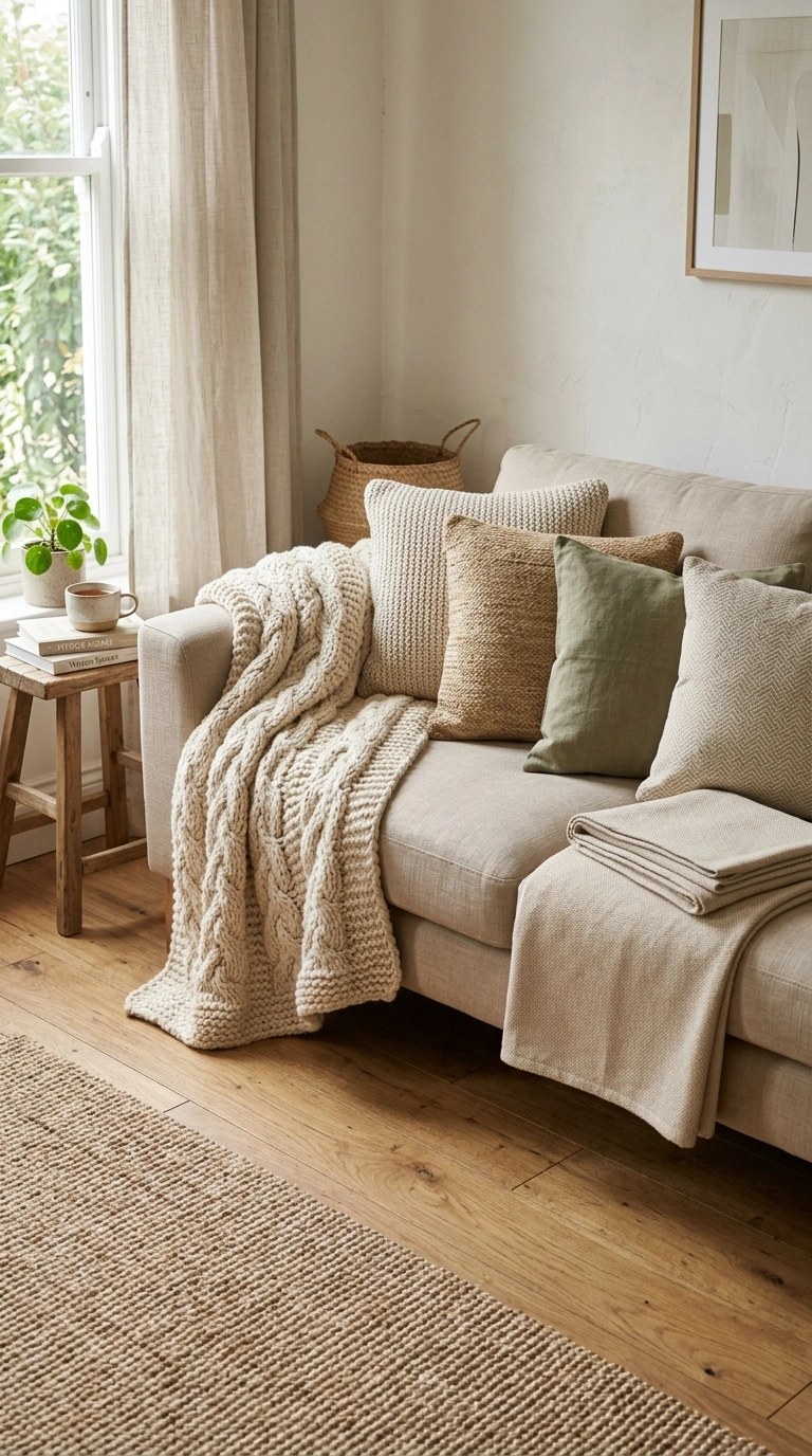 001 Layered Textured Throws A neutral beige sofa with
