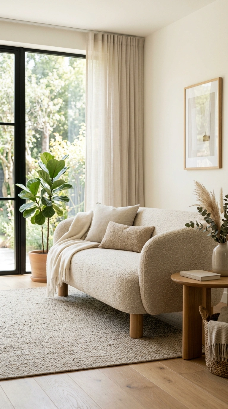 001 Neutral Boucle Sofa A bright living room with an o